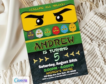 Ninja Birthday Invitation, Green Ninja Party Invite Building Block Style, Instant Download
