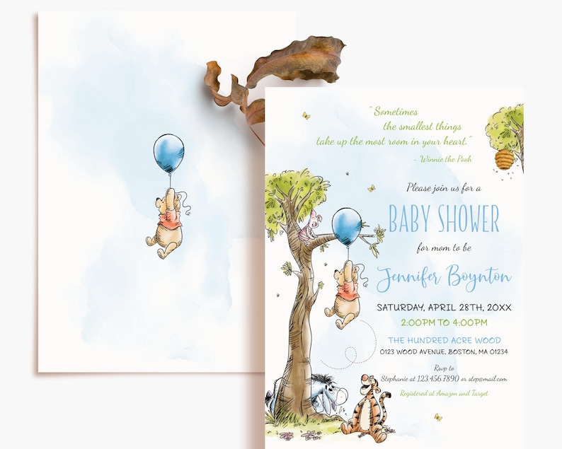May include: Watercolor baby shower invitation featuring Winnie the Pooh characters. The invitation includes a blue balloon, a tree, and the text "Baby Shower" with event details. The design has a soft, whimsical aesthetic.