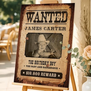 Editable cowboy birthday welcome sign template designed like a vintage wanted poster with photo of birthday boy. Western-style signage perfect for wild west themed parties and outdoor events.