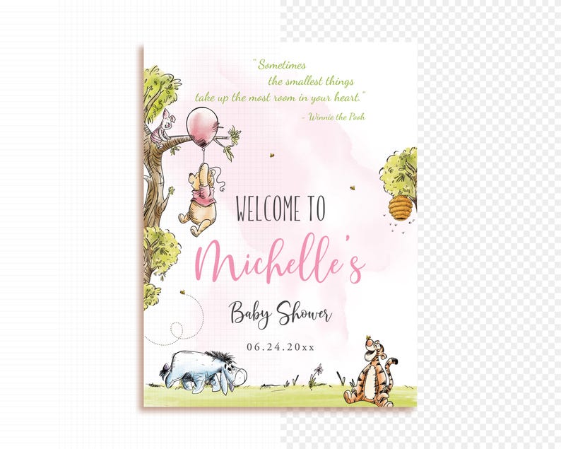May include: A Winnie the Pooh themed baby shower invitation with a pink watercolour background. The invitation features Winnie the Pooh holding a pink balloon, Piglet, and a beehive. The text reads "Welcome to Michelle's Baby Shower 06.24.20xx".