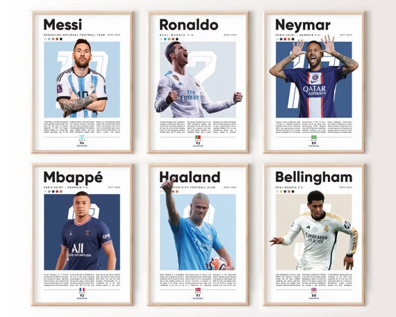 Ronaldo Messi Neymar Mbappe Poster Bundle, Soccer Football Player Wall Art, Printable Modern Room Decor