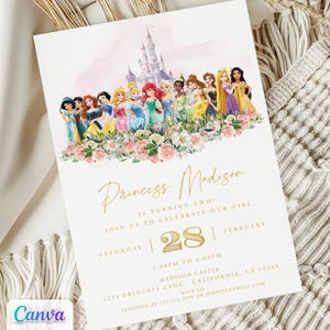 Princess Birthday Invitation, All Princesses Editable Canva Templates, Printable