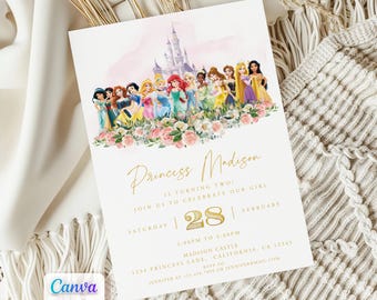 May include: A rectangular invitation card featuring a watercolor illustration of a castle and a group of princesses standing behind a floral arrangement. The text reads Princess Madison is turning two, February 28, and event details in gold.