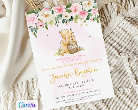 Classic Winnie the Pooh Baby Shower Girl Invitation, Pink Flowers Editable Canva Template
