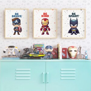 Superhero wall art printable featuring Captain America, Iron Man, and Batman. Instant download digital prints for kids' rooms, playrooms, and superhero-themed nursery decor. Motivational posters with inspirational quotes.