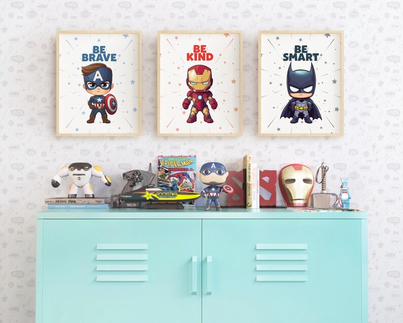 Superhero wall art printable featuring Captain America, Iron Man, and Batman. Instant download digital prints for kids' rooms, playrooms, and superhero-themed nursery decor. Motivational posters with inspirational quotes.