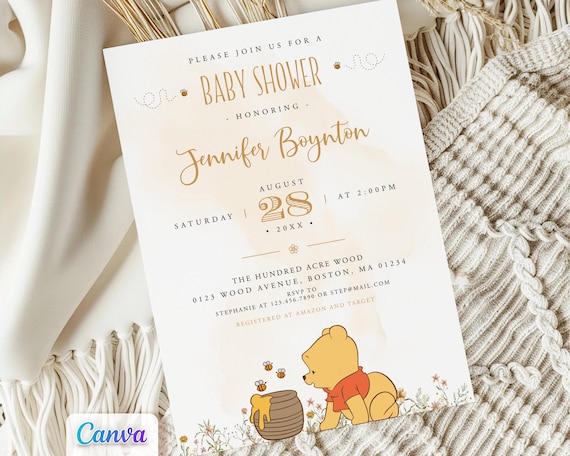 Baby/Little Winnie the Pooh Baby Shower Invitation, Canva Template, Printable, Digital