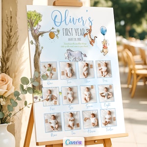May include: A personalized baby milestone poster on an easel. The poster features a watercolor design with Winnie the Pooh characters and baby photos. Text includes "Oliver's FIRST YEAR" and the date.