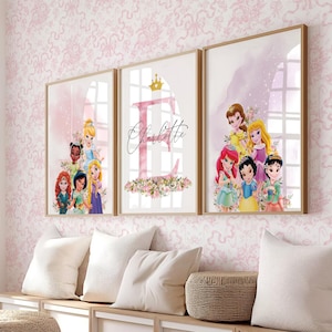 Set van 3 prinsessen muurkunst, gepersonaliseerde naam meisje kamerdecoratie, kinderkamerafdrukken