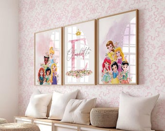 Set of 3 Princess Wall Art, Personalized Name Girl Room Decor, Nursery Prints