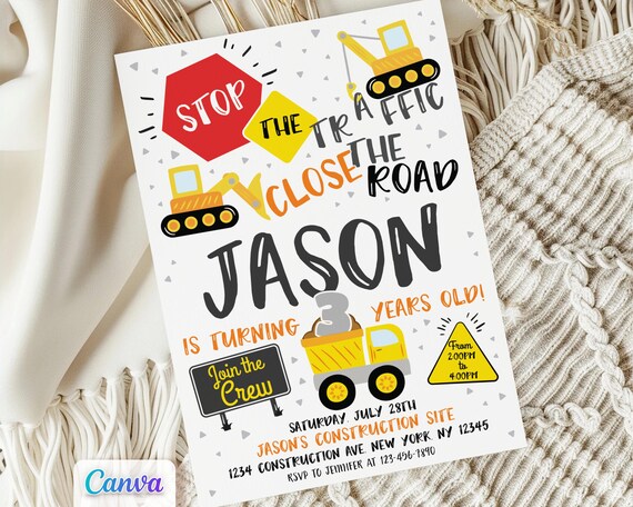 Construction Birthday Invitation, Editable Canva Template, Printable