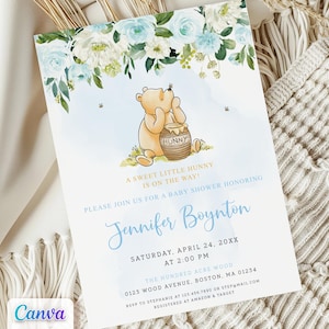 Classic Winnie the Pooh Baby Shower Boy Invitation, Blue Flowers Editable Canva Template