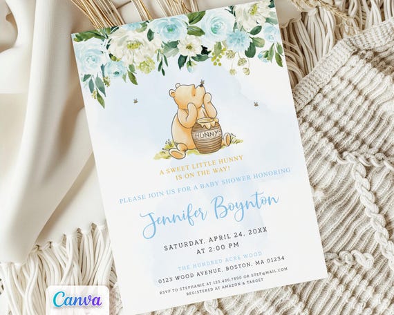 Classic Winnie the Pooh Baby Shower Boy Invitation, Blue Flowers Editable Canva Template