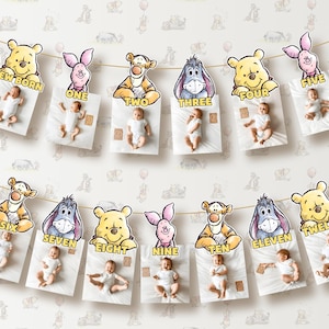 Banner fotográfico de Winnie the Pooh, banderines para baby shower, hitos mensuales, guirnalda fotográfica, plantilla editable de Canva