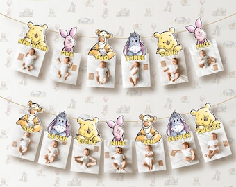 Winnie the Pooh First Birthday Monthly Photo Banner Editable Canva Template