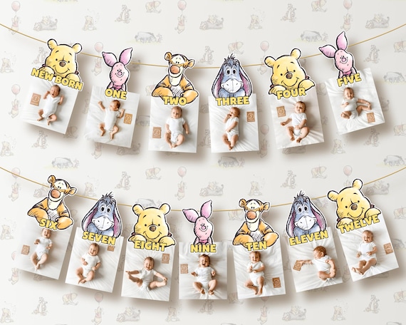 Winnie the Pooh Photo Banner, Monthly Milestone Birthday Baby Shower Bunting, Photo Garland Editable Canva Template