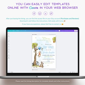 May include: A laptop displays a baby shower invitation template featuring Winnie the Pooh characters. The invitation includes text, "BABY SHOWER" and the name "Jennifer Boynton". The screen also shows instructions to edit the template online with Canva.