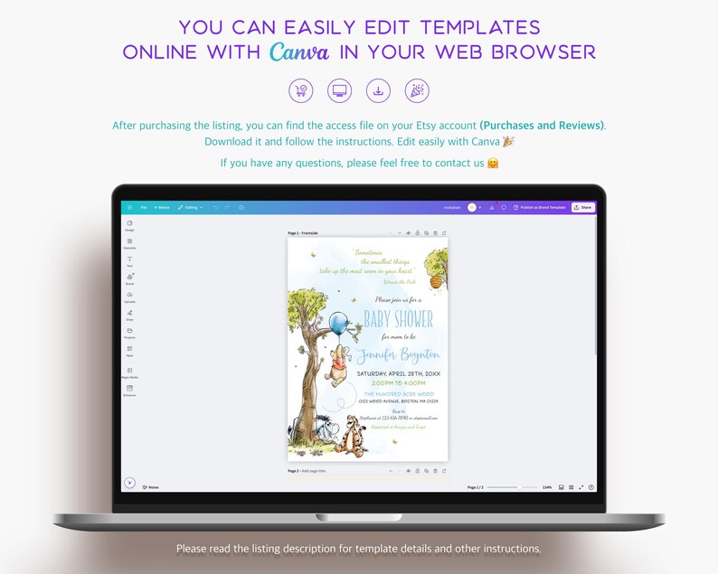 May include: A laptop displays a baby shower invitation template featuring Winnie the Pooh characters. The invitation includes text, "BABY SHOWER" and the name "Jennifer Boynton". The screen also shows instructions to edit the template online with Canva.