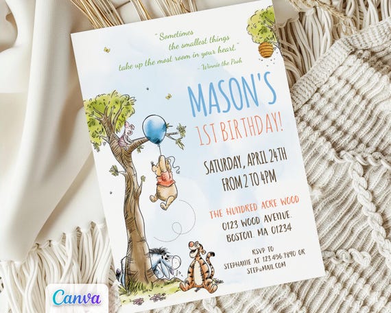 Winnie the Pooh Birthday Invitations, Blue Balloon Boy Theme, Editable Canva Template