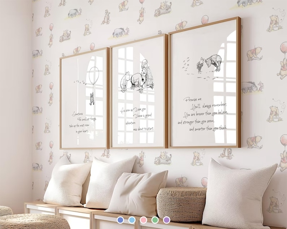 Winnie Wall Art Prints Nursery Decor Black White Printable Template, Digital Download