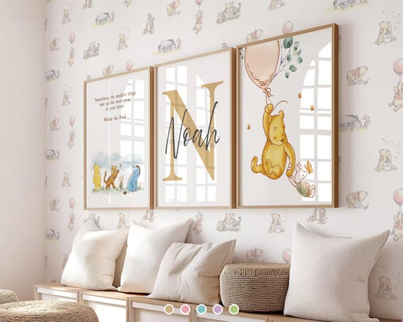 Set of 3 Classic Winnie the Pooh Personalised Name Print, Nursery Wall Art, Child Kids Decor, Digital Download