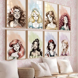 Princess Wall Art Prints, Set of 15 Watercolor Girl Nursery Decor Printable