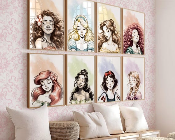 Princess Wall Art Prints, Set of 15 Watercolor Girl Nursery Decor Printable