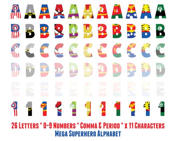 Superhero Letters, Font Characters Alphabet Numbers, JPG PNG PDF Printable