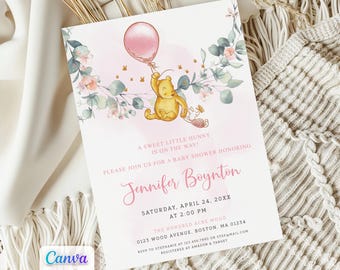 Winnie the Pooh Baby Shower Girl Invitation, Greenery & Pink Balloon Themed Editable Canva Template, Printable