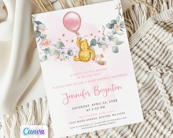 Winnie the Pooh Baby Shower Girl Invitation, Greenery & Pink Balloon Themed Editable Canva Template, Printable