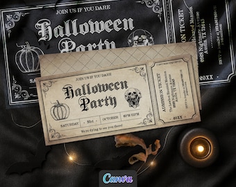 May include: A vintage-style Halloween party admission ticket printed on beige paper with black text and illustrations of a pumpkin and a skull. The ticket includes event details like date, time, and location, set against a dark background.