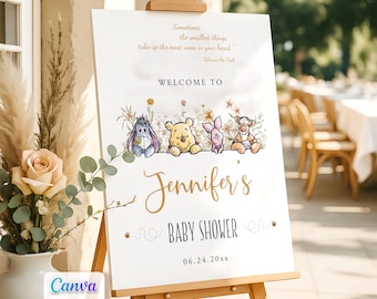 Winnie the Pooh Baby Shower Welcome Sign, Entrance Door Decor Editable Canva Template, Printable, Digital