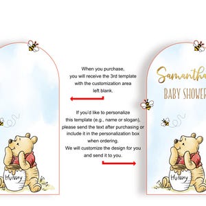 Two printable baby shower templates featuring Winnie the Pooh. The templates are in a light blue watercolor style with gold text. The text on the left template reads 'Hunny'. The text on the right template reads 'Samantha's Baby Shower' and 'Hunny'. Both templates feature a yellow bee and a Winnie the Pooh character holding a jar of honey.