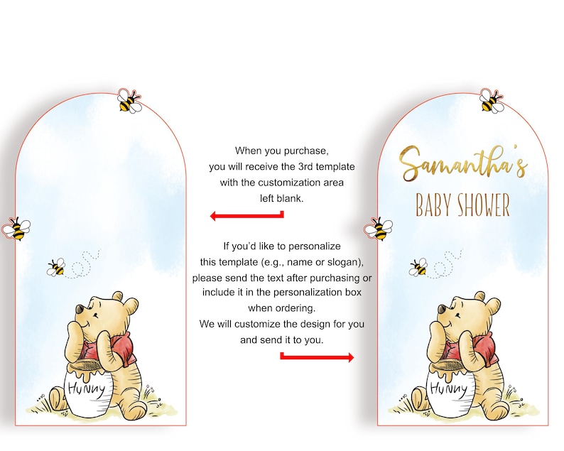 Two printable baby shower templates featuring Winnie the Pooh. The templates are in a light blue watercolor style with gold text. The text on the left template reads 'Hunny'. The text on the right template reads 'Samantha's Baby Shower' and 'Hunny'. Both templates feature a yellow bee and a Winnie the Pooh character holding a jar of honey.