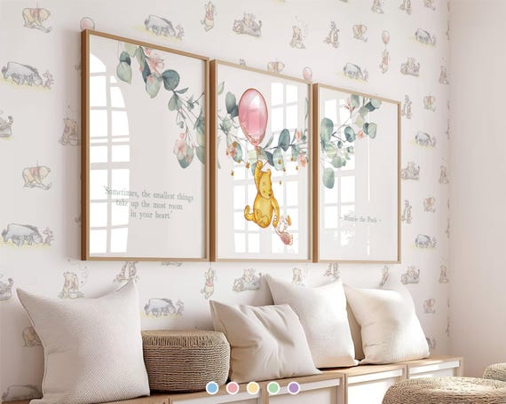 Set of 3 Winnie the Pooh Prints Nursery Wall Art Decorations Pink-Blue-Yellow-Green-Purple Balloon Greenery Gift Instant Download