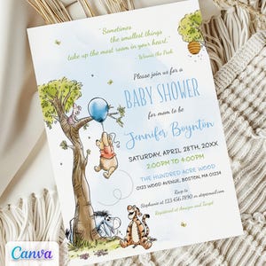 Winnie the Pooh Baby Shower Boy Invitation, Editable Canva Template, Printable
