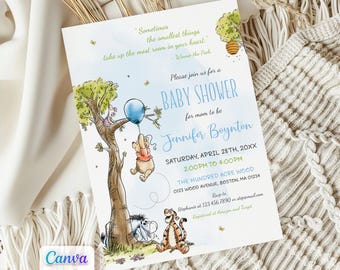 Invitación para baby shower de niño con temática de Winnie the Pooh, plantilla editable de Canva, imprimible.