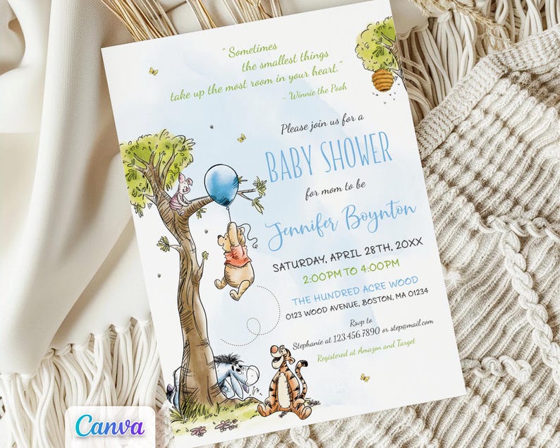 May include: Baby shower invitation featuring Winnie the Pooh characters. The design includes a tree with Pooh, Piglet, Eeyore, and Tigger. The invitation text reads "Baby Shower for mom to be Jennifer Boynton" with date, time, and location.