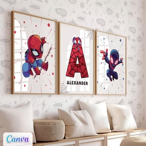 Spidey Wand Kunst Druck Kinderzimmer Dekor, 3er Set Little Spiderman Poster personalisierte Kinderzimmer, Printable