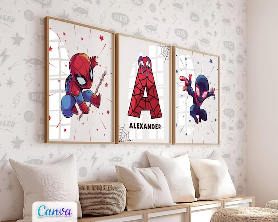 Spidey Wall Art Print Nursery Decor, Set of 3 Little Spiderman Poster Personalized Kids Room, Printable