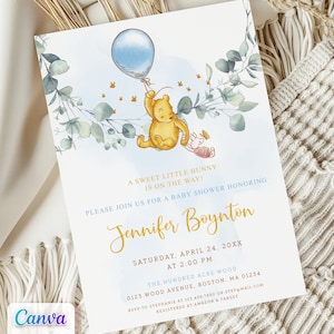 Winnie the Pooh Baby Shower Boy Invitation, Blue Balloon Themed, Editable Canva Template, Printable
