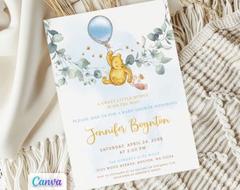 Invitación para baby shower de niño con temática de Winnie the Pooh, globos azules, plantilla editable de Canva, imprimible.