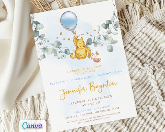Winnie the Pooh Baby Shower Boy Invitation, Blue Balloon Themed, Editable Canva Template, Printable