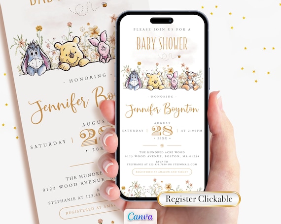 Winnie the Pooh Baby Shower Invitation: Clickable Registry, Floral Evite (Digital Mobile Phone Invite)