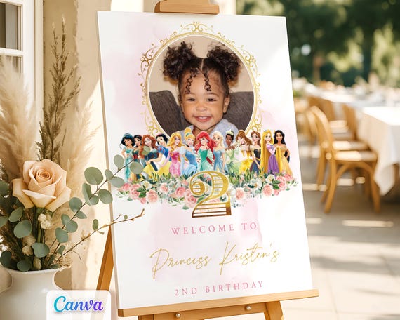 Princess Birthday Sign, Gold Pink Party Welcome Sign with Photo, Entrance Door Decor
