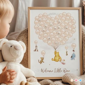 Winnie the Pooh Baby Shower Guest Book: Balloons Signature, Canva Template (Digital Download)