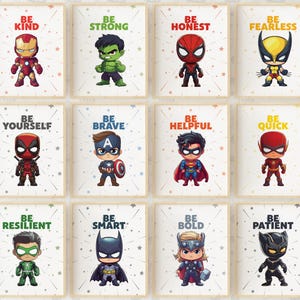 Superhero wall art printable set featuring Captain America, Spiderman, Batman, Superman, Hulk, and Flash. Digital download nursery decor perfect for kids' rooms, playrooms, and superhero-themed bedrooms. Motivational superhero posters for instant download.
