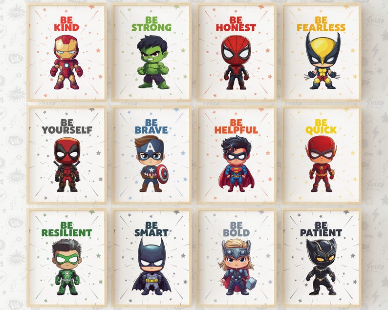 Superhero wall art printable set featuring Captain America, Spiderman, Batman, Superman, Hulk, and Flash. Digital download nursery decor perfect for kids' rooms, playrooms, and superhero-themed bedrooms. Motivational superhero posters for instant download.