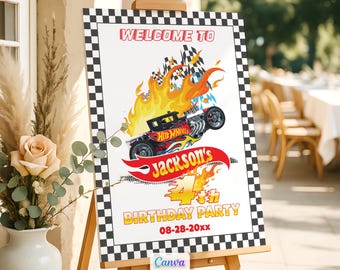 Hot Racing Car Welcome Sign Birthday Party Decor Editable Canva Template