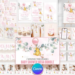 Winnie the Pooh Baby Shower Girl Bundle, Pink Party Set, Editable Canva Templates